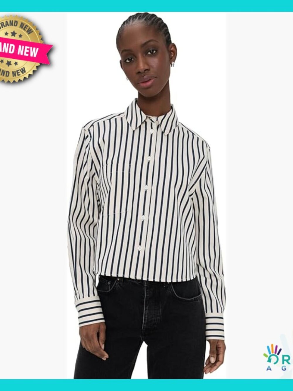 Cropped Button Down Shirt Classic Chic Preppy Striped Collared Pocket